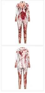 Halloween scary nurse costume bloody printed long sleeve jumpsuit cosplay party outfit.