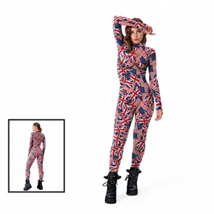 Vrouwen 3D Geprint Vlag Jumpsuit Lange Mouw Strakke Maillot Onafhankelijkheidsdag