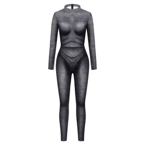 Long sleeve crew neck full body print jumpsuit creative line design performance outfit.