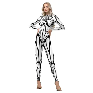 Long sleeve round neck full-body printed jumpsuit for women, abstract graphic cosplay costume.