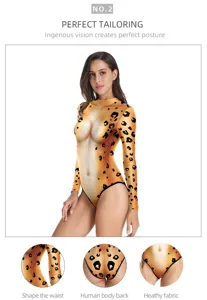 Sexy long sleeve leopard print one-piece high cut swimsuit for women, sun protection bodysuit.