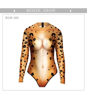 Women's Sexy Long Sleeve Leopard Print One-Piece Swimsuit High Cut Body Shaping