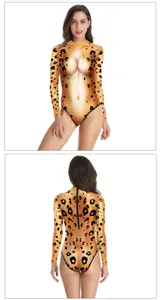 Women long sleeve leopard print bodysuit sexy high cut one piece swimsuit 3d illusion