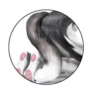 Husky cosplay volledig lichaamspak met bontprint, grote staart en schattige pootjes.