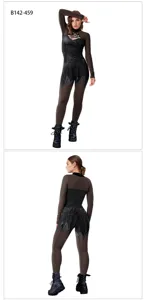Gothic Halloween long sleeve tight bodysuit detail view, professional stage costume.