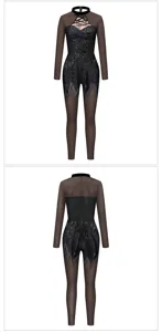Details of black gothic long sleeve mesh bodysuit with lace-up front for Halloween stage.