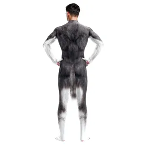 Husky cosplay fullbody zentai pak met staart, elastisch dierenkostuum voor feest en show.