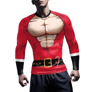 Men Christmas Muscle 3D Print Compression Shirt Long Sleeve Gym Fitness Athletic Top