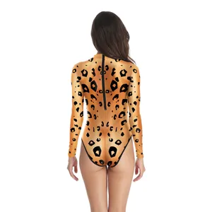 Women's leopard print long sleeve high cut one piece swimsuit sexy back zip swimwear main