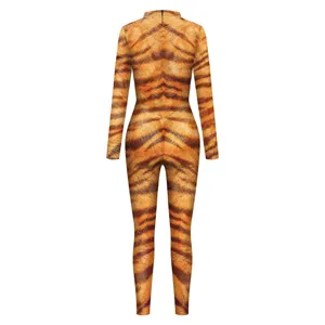 Detailed view of the tiger print cosplay bodysuit, featuring long sleeves and fitted design.