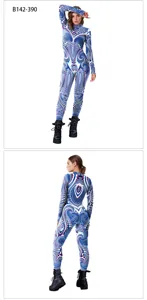 Detailed view of a fashionable digital printed long sleeve bodycon jumpsuit for women.