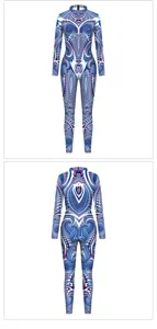 Women's blue fractal print long sleeve jumpsuit stylish slim fit activewear catsuit