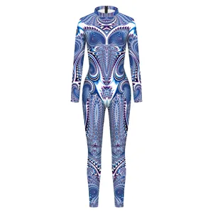Women Digital Print Long Sleeve High Neck Jumpsuit Slim Fit Stretch Bodysuit Geometric Pattern Club Party Romper