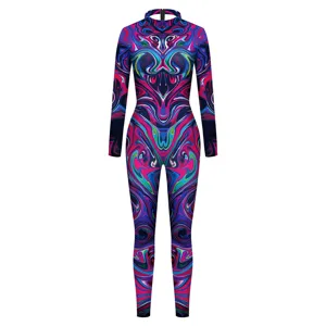 Vibrant abstract digital print long sleeve jumpsuit for women, stylish psychedelic bodysuit.
