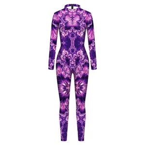 Womens fashion digital printed long sleeve high neck jumpsuit party clubwear outfit