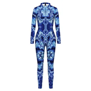 Blue fractal print long sleeve high neck jumpsuit fashion women slim fit bodysuit main