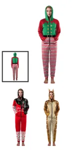 Detail view showing festive Christmas onesie details, cozy hooded design and front zip.