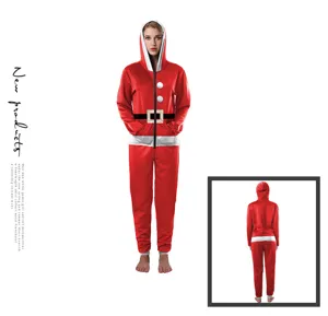 Christmas women's hooded zip-up jumpsuit festive red onesie winter casual sleepwear outfit