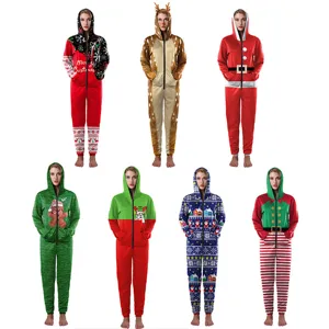 Women's Christmas Hooded Zipper Jumpsuit Onesie Long Sleeve Cartoon Print Casual Loose Winter Sleepwear Romper