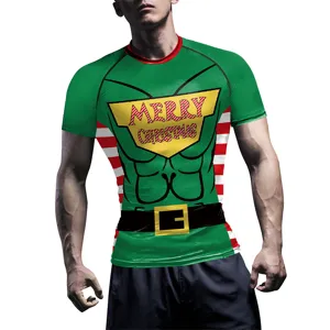 Homme Noël Muscle Compression T-Shirt Manches Courtes Séchage Rapide Sport Fitness