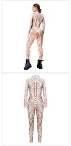 Digital print long sleeve bodysuit detail, cyber geometric pattern for stage performance.