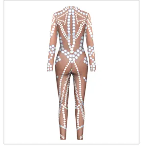 Women's digital printed long sleeve bodysuit tight stage performance jumpsuit skin tone style