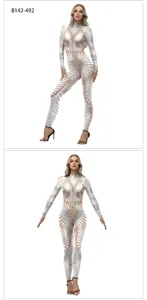 Digital printed long sleeve jumpsuit detail, stretch skinny bodysuit for women performance.