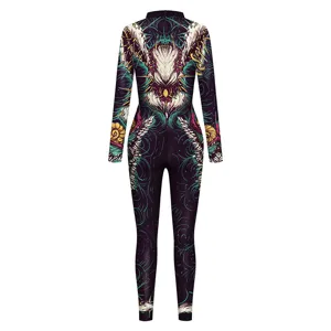 Detailed view of the 3D digital printed cosplay jumpsuit back design, intricate fantasy pattern.