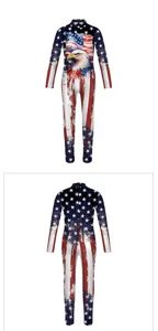 Detailweergave van het jumpsuit met Amerikaanse vlag en adelaar print voor feestelijke show.
