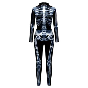 3D digital print skeleton long sleeve jumpsuit Halloween cosplay costume black bodysuit
