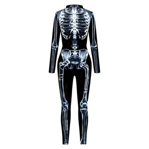 Close-up detail of 3D digital printed skeleton pattern on black stretch fabric jumpsuit.