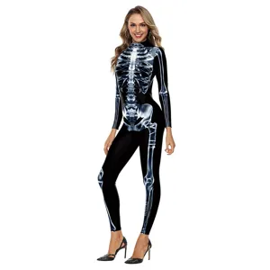 Close-up detail view of the 3D digital printed skeleton pattern on the stretchy black jumpsuit.