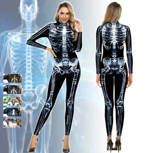 Women's Halloween 3D Digital Printed Skeleton Cosplay Jumpsuit Long Sleeve Stand Collar Bodysuit Party Performance Costume