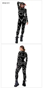 Women long sleeve digital print baroque spiral bodysuit black fashion tight jumpsuit