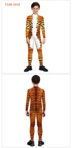 Kids tiger print cosplay full body jumpsuit, long sleeve animal costume for party performance.