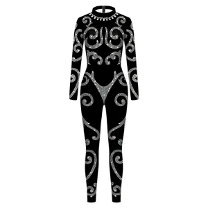 Black long sleeve rhinestone bodysuit women sparkly crystal party stage performance slim jumpsuit