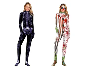 Halloween skeleton clown full body jumpsuit detail view, perfect for party costume and cosplay events.