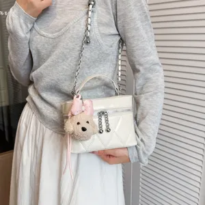 White quilted vanity bag with chain strap, stylish small square bag for women autumn daily.