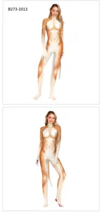 Detailed view of golden retriever 3D digital print animal cosplay full body jumpsuit for stage.