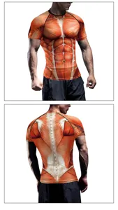 Gedetailleerd overzicht van het 3D spierprint heren fitness korte mouw compressie t-shirt.