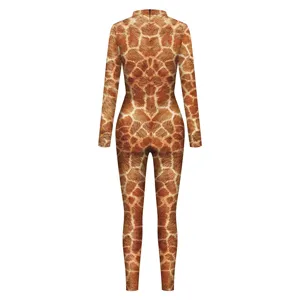 Animal print long sleeve high neck bodysuit costume for women stage performance party wear.
