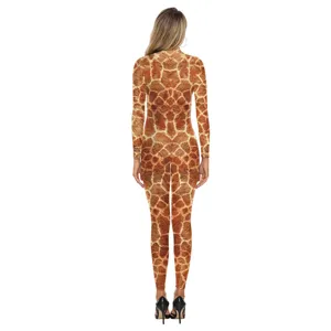 Women cosplay animal print long sleeve jumpsuit slim fit stage performance bodysuit outfit