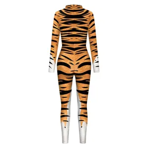Tiger stripe digital print women cosplay jumpsuit detail view, featuring long sleeves and high collar.