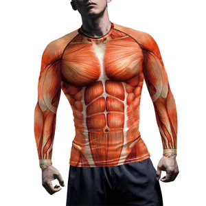 Heren 3D Spier Print Lange Mouw Compressie Shirt Fitness Gym Sport Training Atletische Top