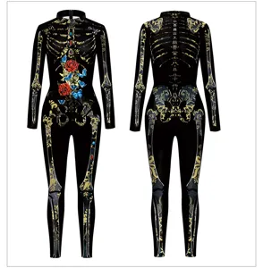 Cross-border Day of the Dead rose skeleton 3D digital print jumpsuit with golden bone patterns.