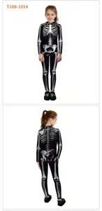 Kinder Halloween Skelett Druck Langarm Body Kostüm Vorder und Rückseite Detail Ansicht.