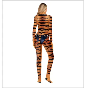 Full body tiger print catsuit cosplay costume with tail, perfect for stage performances and party.