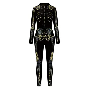 Women Halloween Skeleton Jumpsuit 3D Print Long Sleeve Bodycon Party Costume Romper