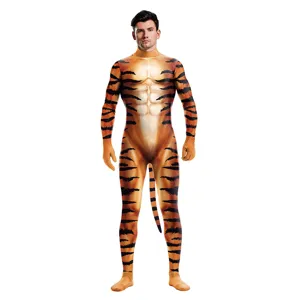 Men 3D Tiger Print Zentai Bodysuit Full Body Animal Costume for Halloween Stage Party