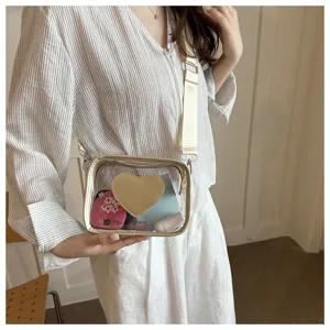 Vue detaillee du sac bandouliere transparent avec sangle large et joli design de coeur.